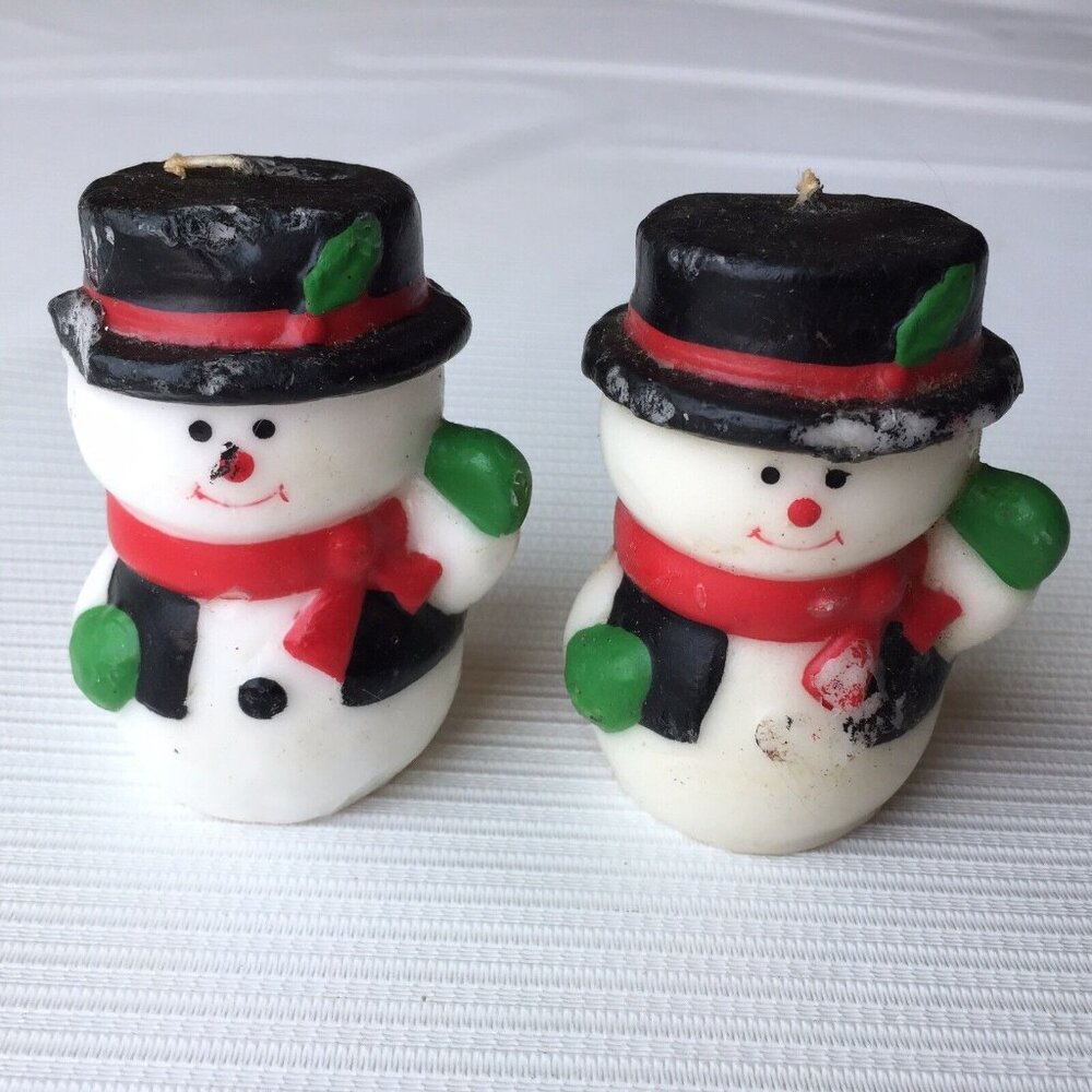 Vintage Wax Snowman Candle Set Christmas Holiday Decor Ivy Top Hat Novelty MCM
